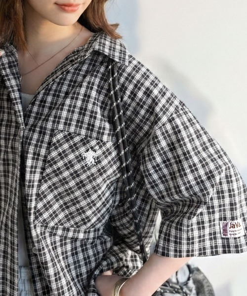 日本🇯🇵連線 JAVA 胸前口袋刺繡格子短袖襯衫 男女可穿 寬鬆 美式 格子 條紋 落肩 短袖 襯衫 4色(任買兩件711免運)/預購