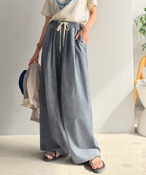 日本🇯🇵連線 JAVA 輕盈壓紋皺摺牛仔寬褲 腰部後鬆緊 男女可穿 寬褲 休閒褲 牛仔褲 闊腿褲 落地褲 長褲 3色(任買兩件7-11免運)/預購