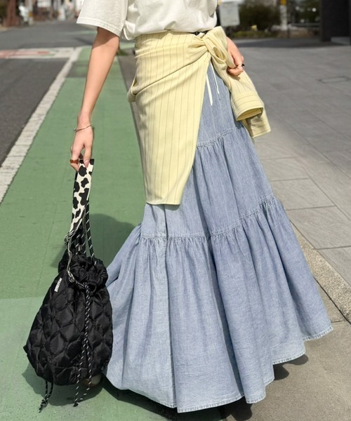 日本🇯🇵連線 Classical Elf 日系復古皺褶分層牛仔裙 裙子 長裙 牛仔裙 A字裙 喇叭裙 蛋糕裙 過膝裙 2色(任買兩件711免運)/預購