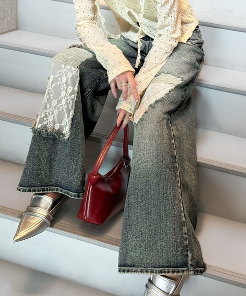 日本🇯🇵連線 Mily Bilet 個性帶性感!花卉蕾絲刷破牛仔褲 蕾絲 花朵 花卉 寬褲 牛仔褲 落地褲 長褲 直筒褲 闊腿褲 2色(任買兩件711免運)/預購