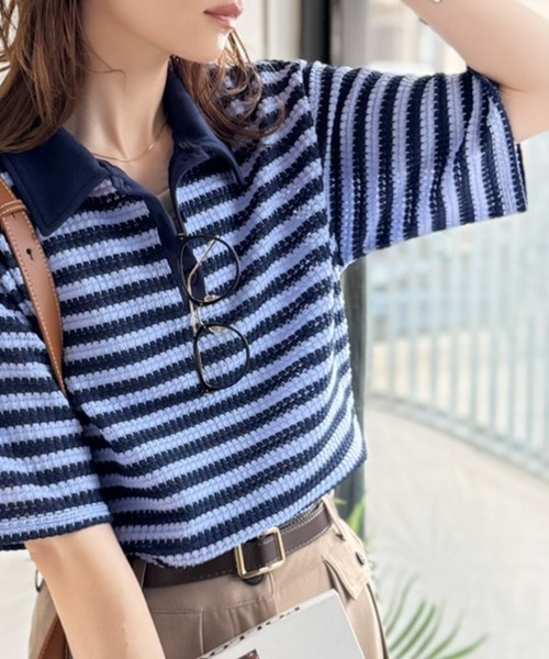 日本🇯🇵連線 JAVA 復古鉤針蕾絲風格短袖Polo衫 蕾絲 條紋 落肩 短袖 Polo衫 T恤 3色(任買兩件711免運)/預購