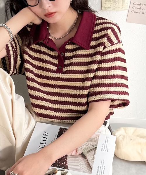 日本🇯🇵連線 JAVA 復古鉤針蕾絲風格短袖Polo衫 蕾絲 條紋 落肩 短袖 Polo衫 T恤 3色(任買兩件711免運)/預購