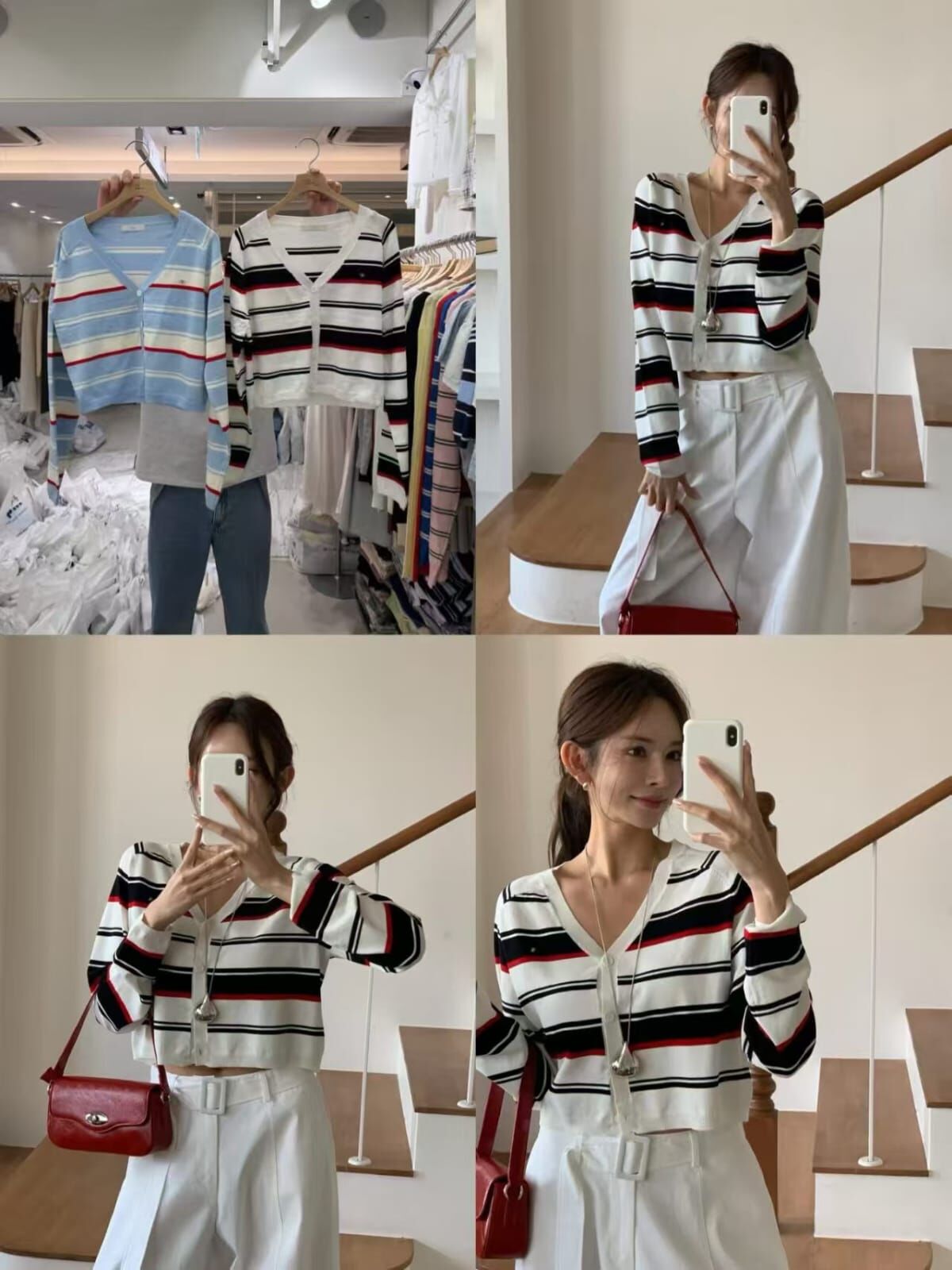 BM6057 短版間紋露腰V領排扣上衣