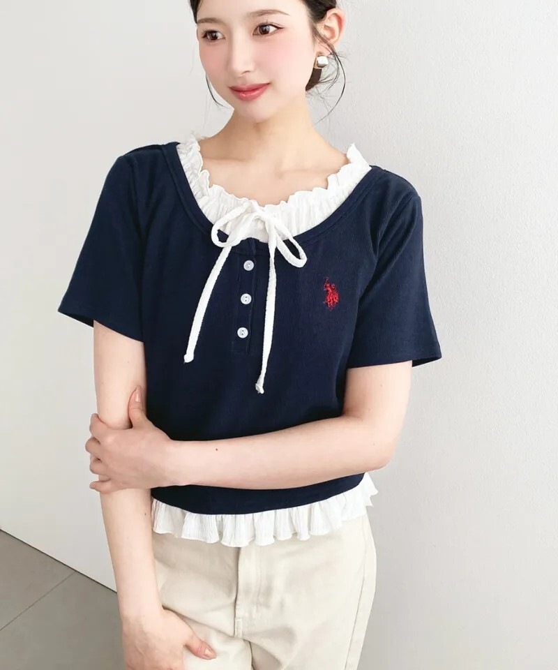 <日本限定🇯🇵> U.S. POLO ASSN.  小Logo 刺繡 蕾絲蝴蝶結短袖 4色