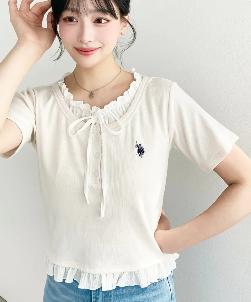 <日本限定🇯🇵> U.S. POLO ASSN.  小Logo 刺繡 蕾絲蝴蝶結短袖 4色