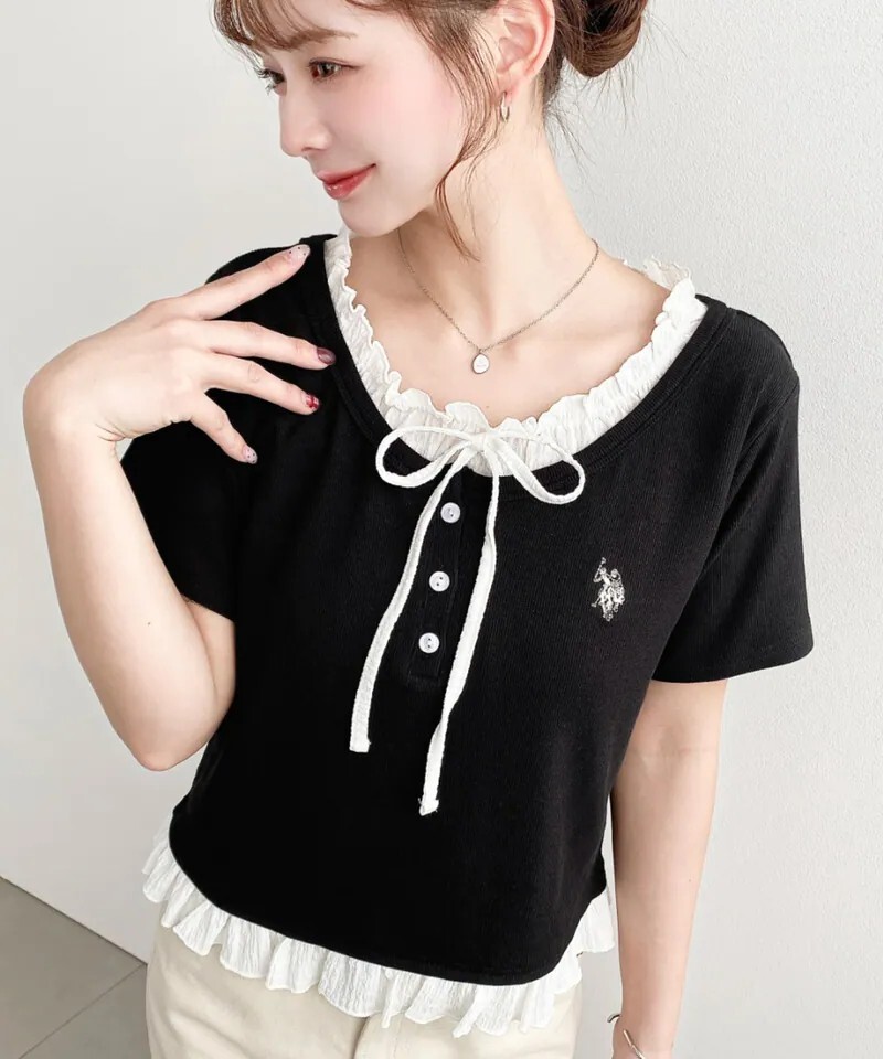 <日本限定🇯🇵> U.S. POLO ASSN.  小Logo 刺繡 蕾絲蝴蝶結短袖 4色