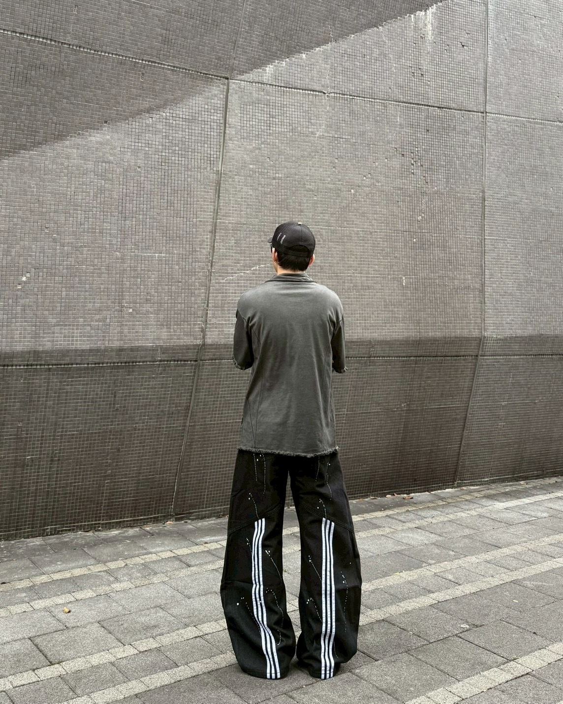 噴漆 潑墨 拼接 彎刀 牛仔 長褲 彎刀褲