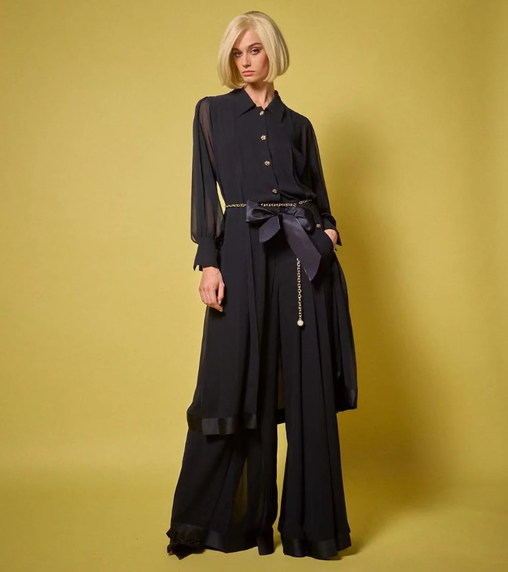 1EA0408-175 [EDWARD ACHOUR] Contrast Hem Wide Leg Pants Black #100910/1027 (EU)