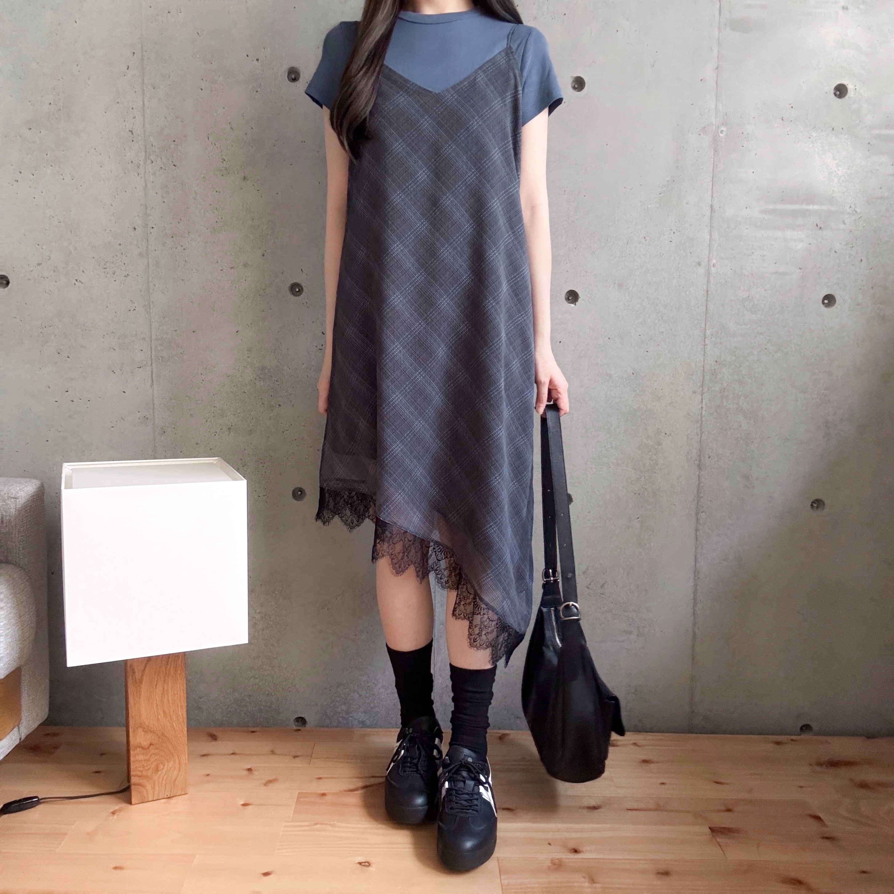 斜cut格仔吊帶裙