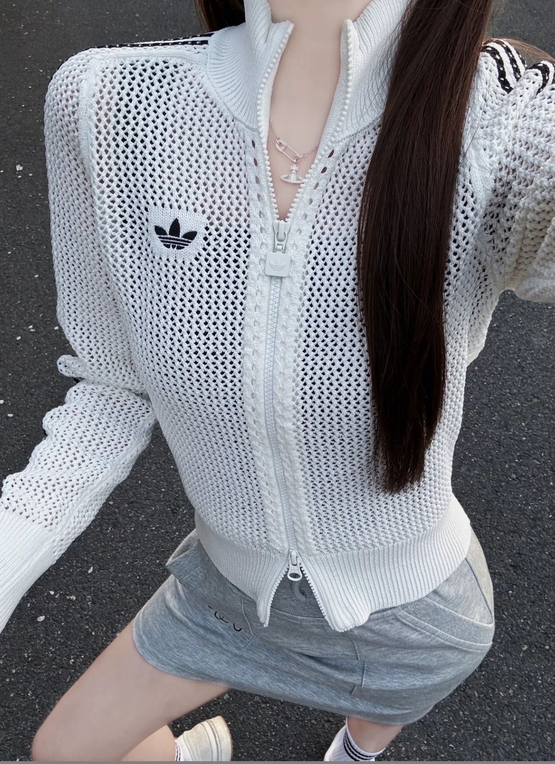 <48小時1件免運🤩>ADIDAS ORIGINAL鉤針編織外套 奶油白/摩卡棕