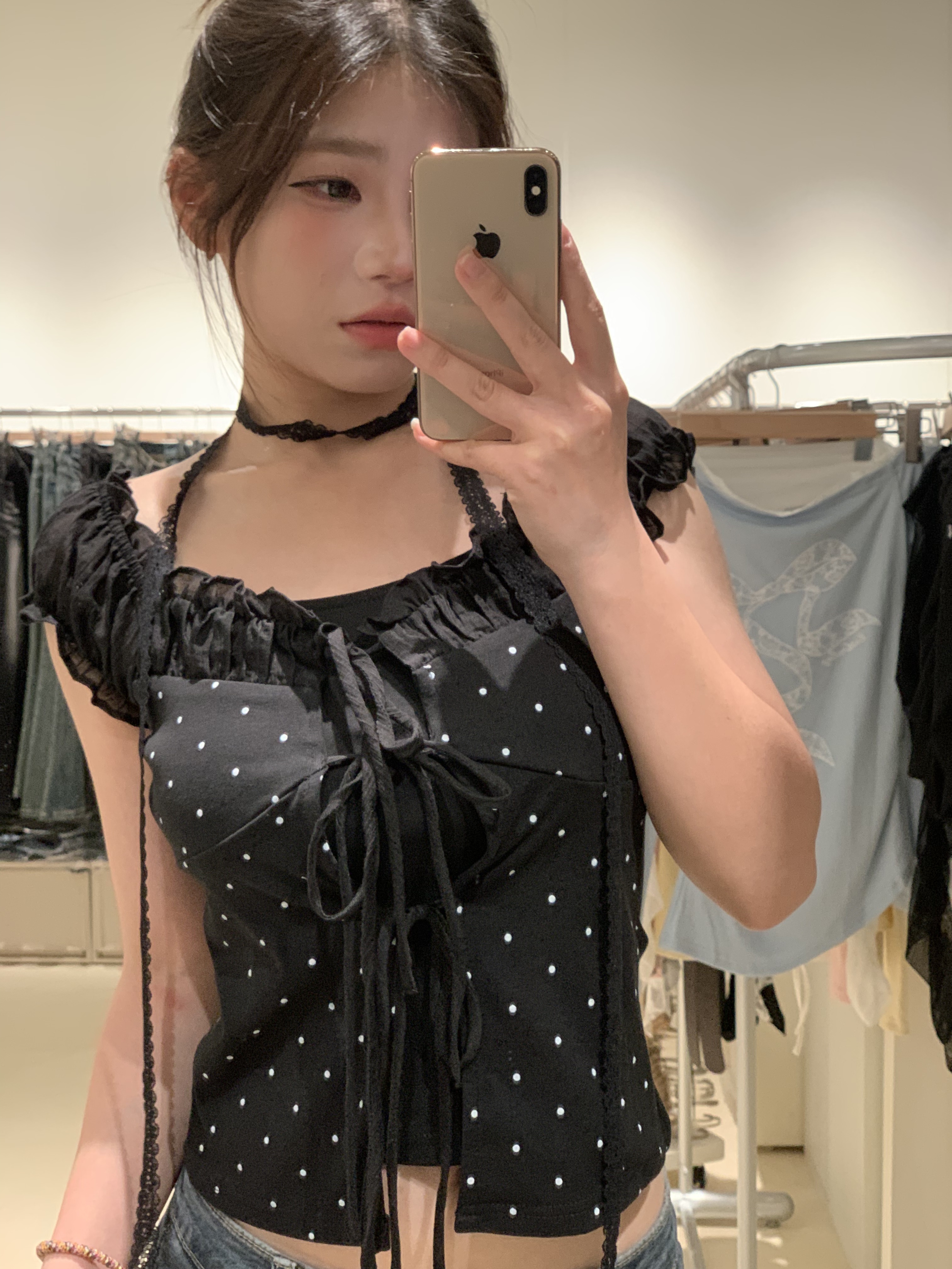 蕾絲掛脖波點綁帶假兩件