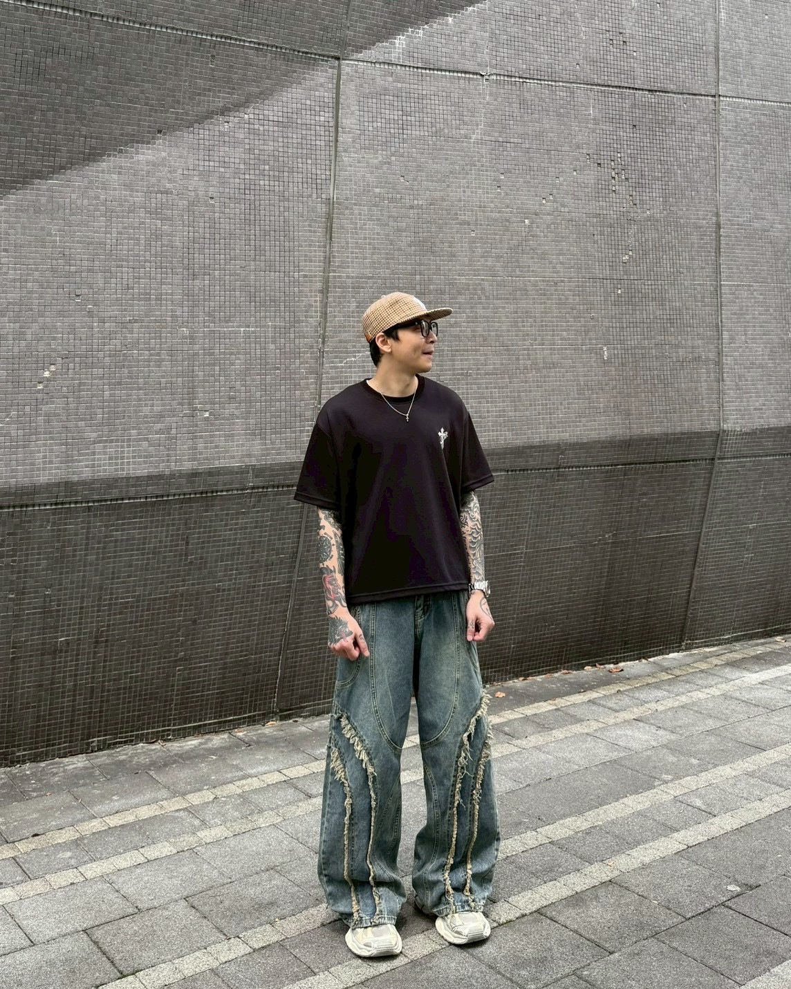 復古 美式 拼接 毛邊 牛仔褲