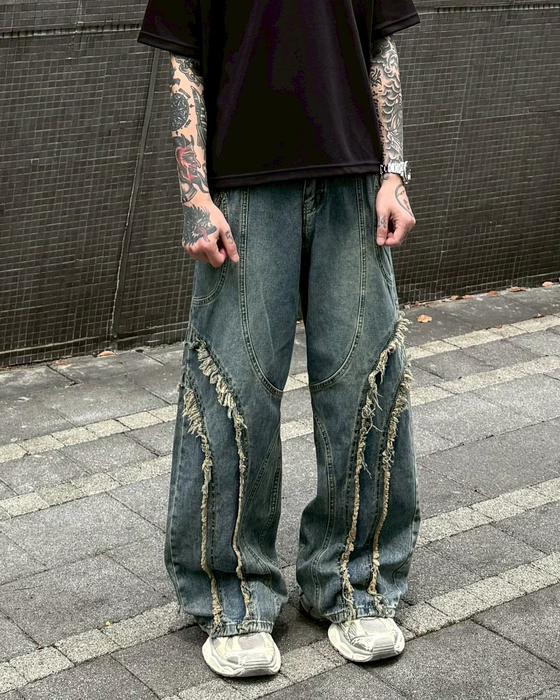 復古 美式 拼接 毛邊 牛仔褲