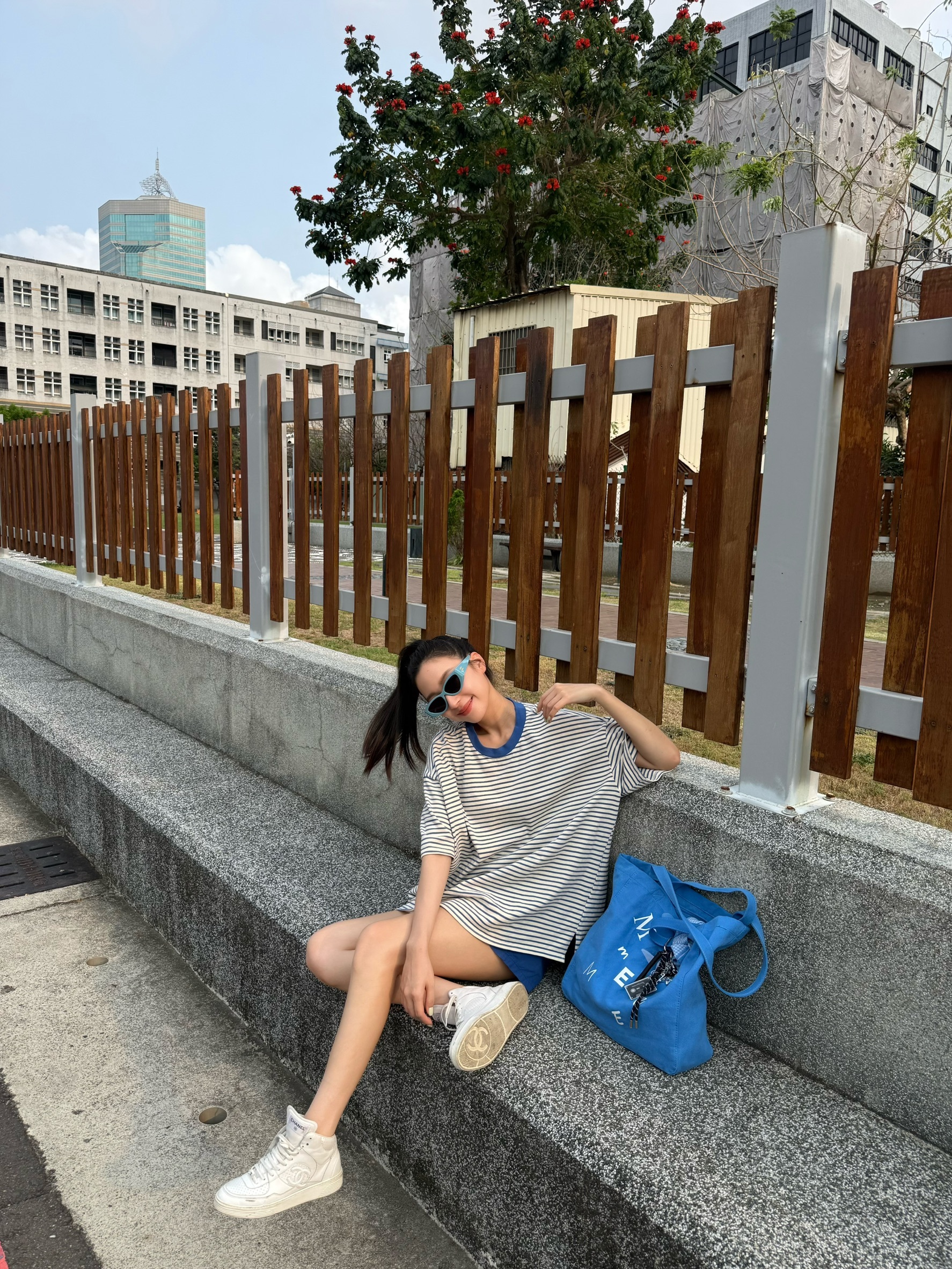 天空藍細條紋重磅棉大學Ｔ
