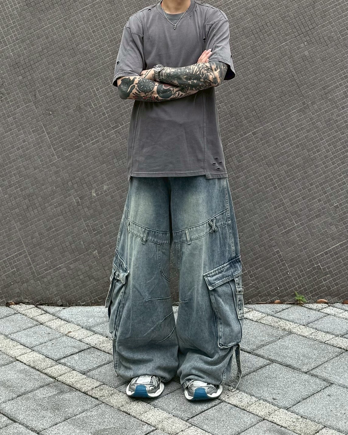 復古 重工 水洗 工裝 大口袋 牛仔 寬褲