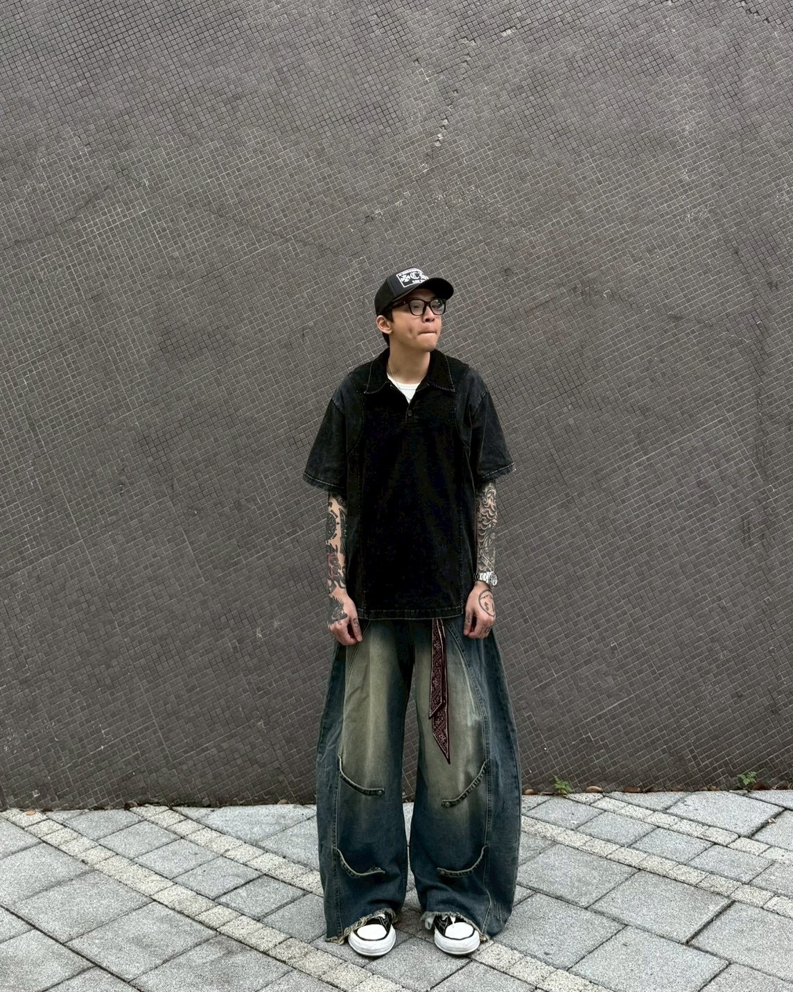 復古 水洗 牛仔 寬褲 #附搭配絲巾