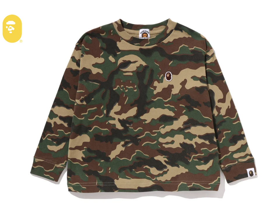 【BAPE童裝】0404發售 寬版GLITCH WOODLAND CAMO ONE POINT RELAXED FIT LS TEE