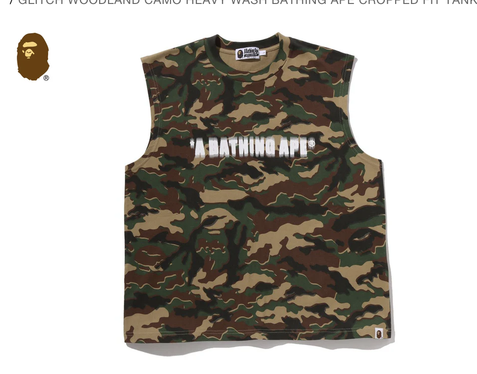 【BAPE】0404發售GLITCH WOODLAND CAMO HEAVY WASH BATHING APE CROPPED FIT TANK TOP
