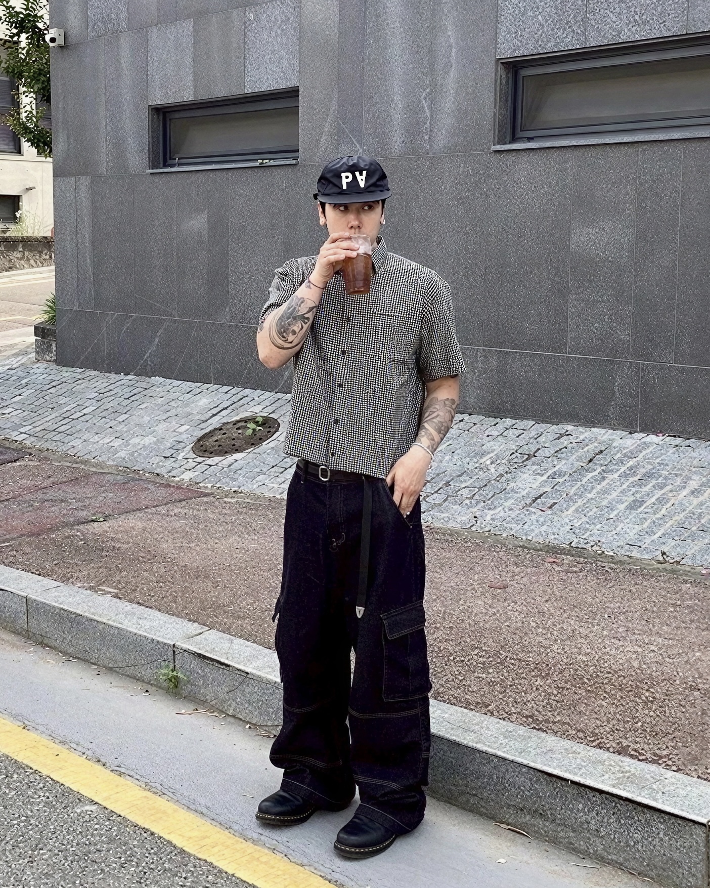 BOXY 格紋 口袋 寬短 短袖 襯衫