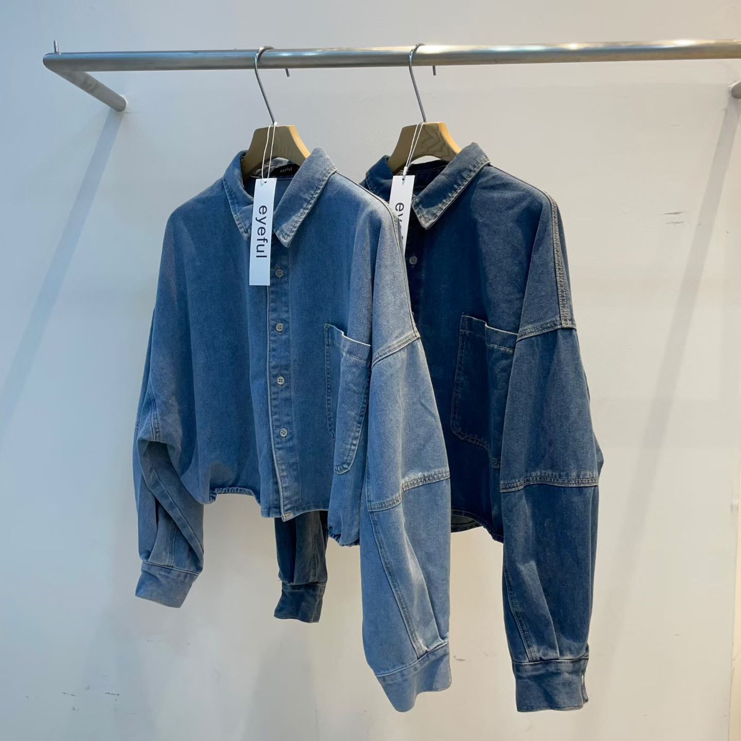 EY6016 後壓褶微收腰短版牛仔外套