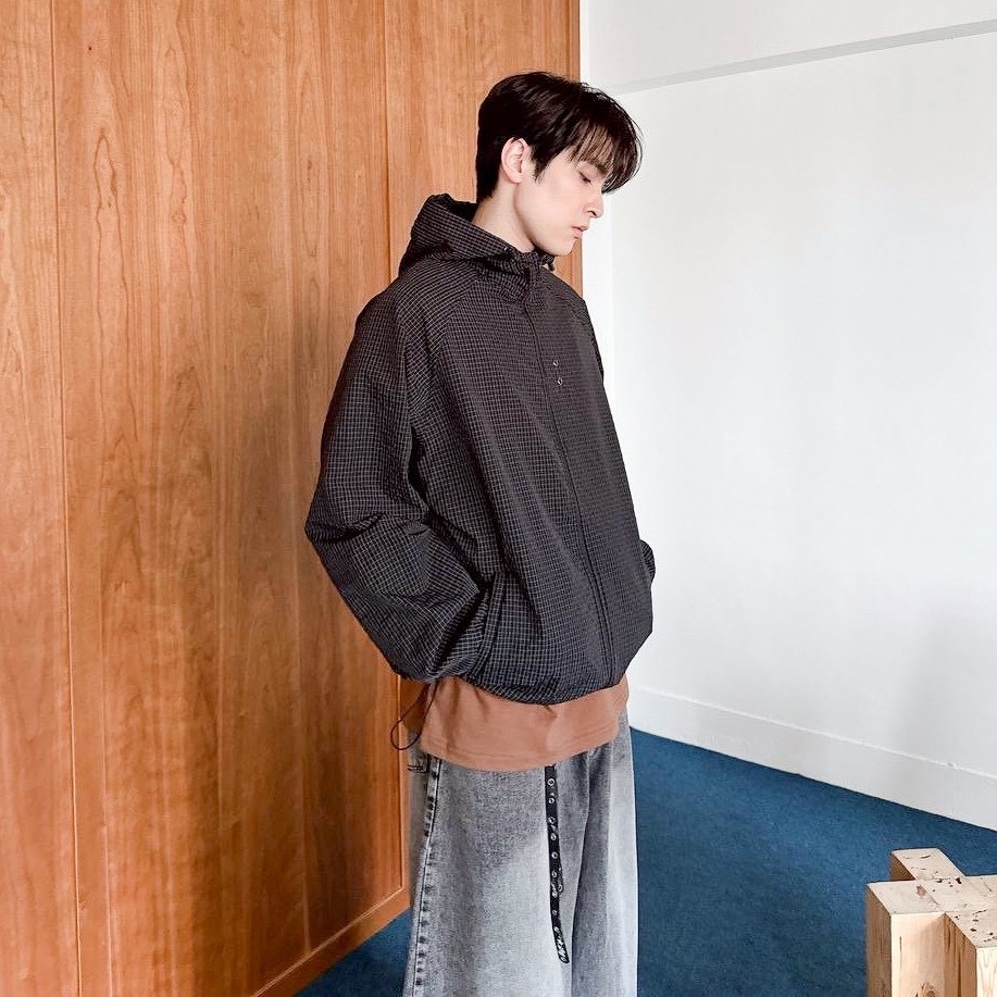 2色 格紋 連帽 休閒 風衣