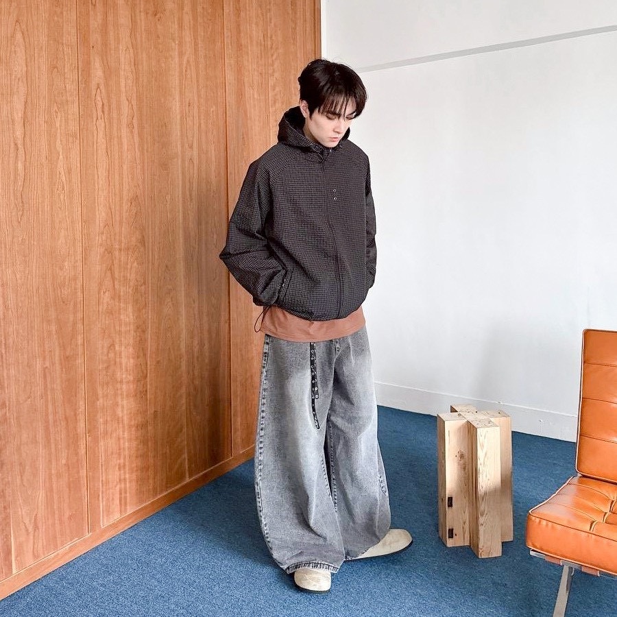 2色 格紋 連帽 休閒 風衣