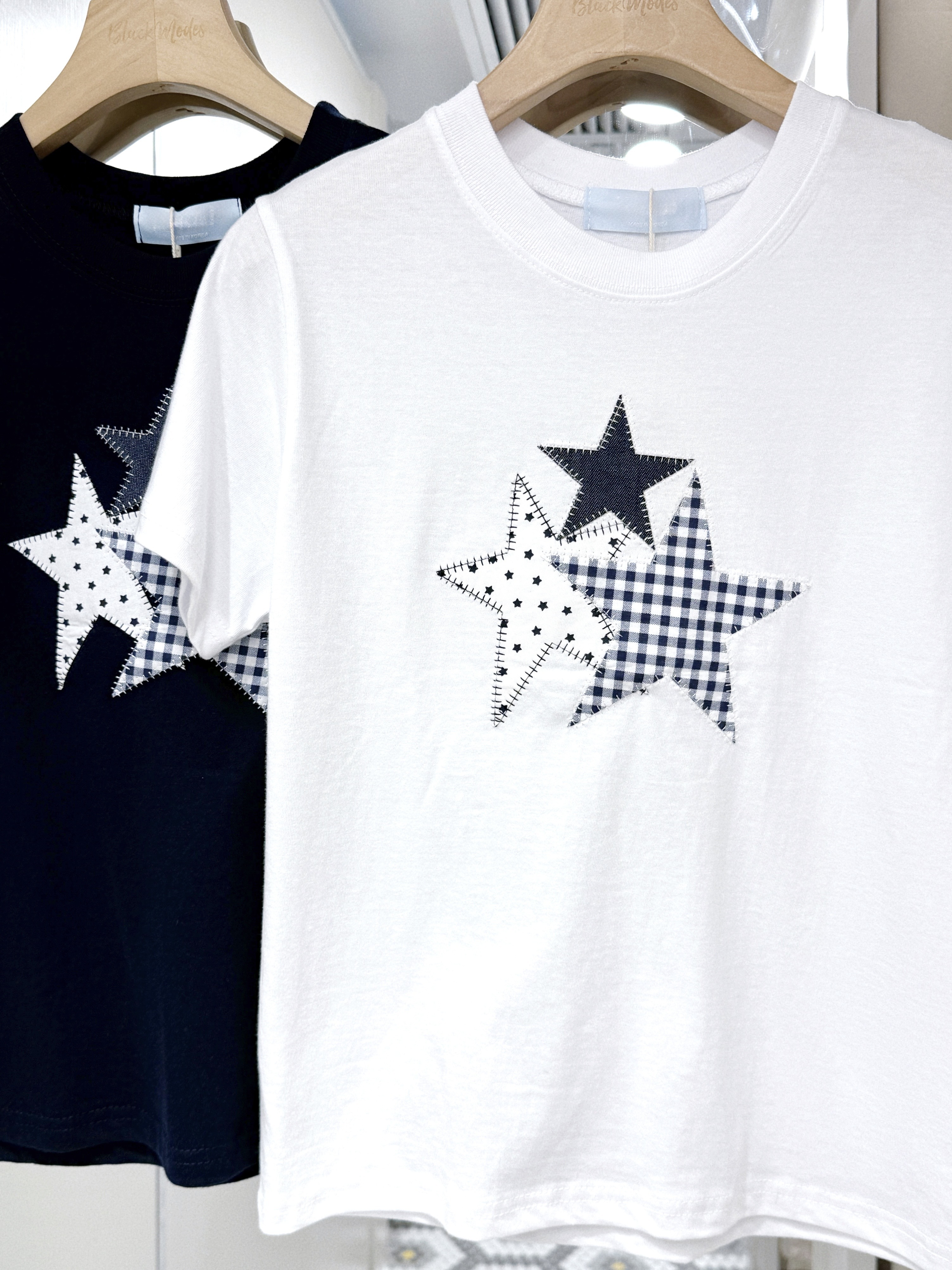 T1386｜Y2K星星牛仔拼布短袖上衣‧₊˚⋅𖤐