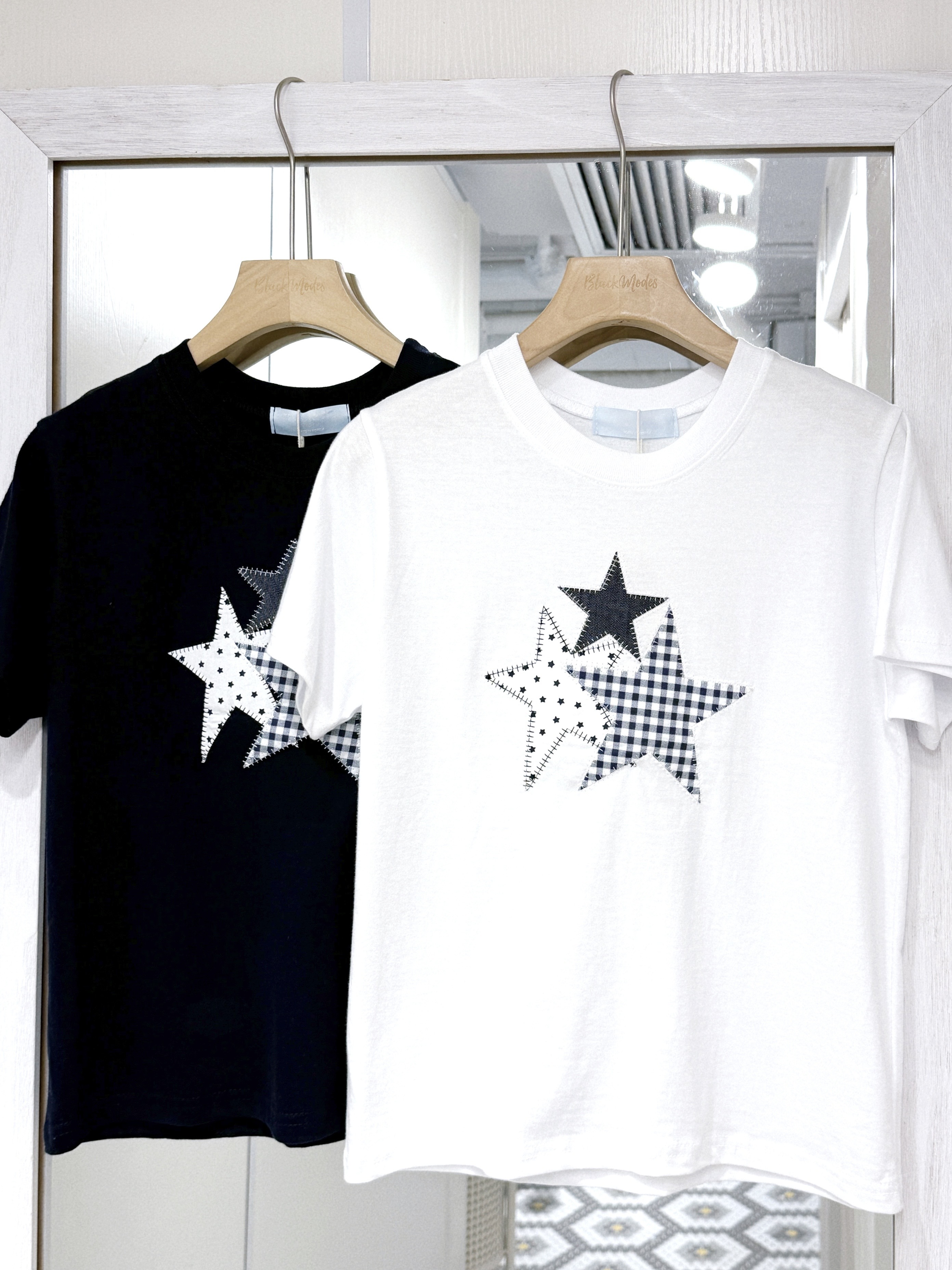 T1386｜Y2K星星牛仔拼布短袖上衣‧₊˚⋅𖤐