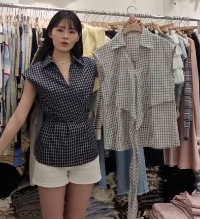 BM6007 格紋束腰開V翻領無袖上衣