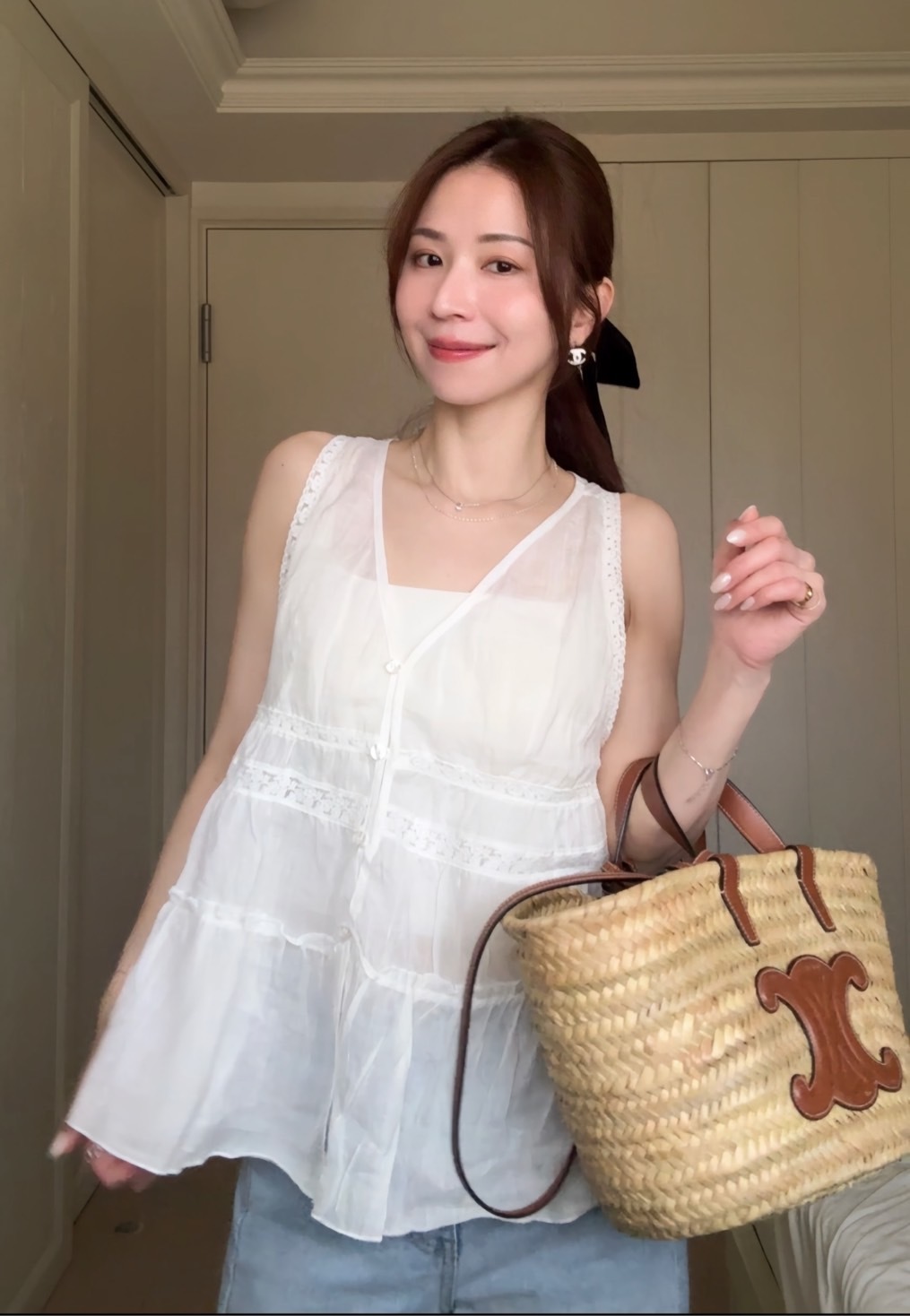 棉麻削肩雕花長版背心 HB23