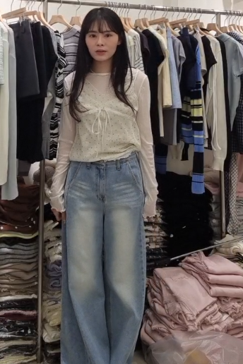 BM6013 貓鬚洗水寬鬆直筒牛仔褲