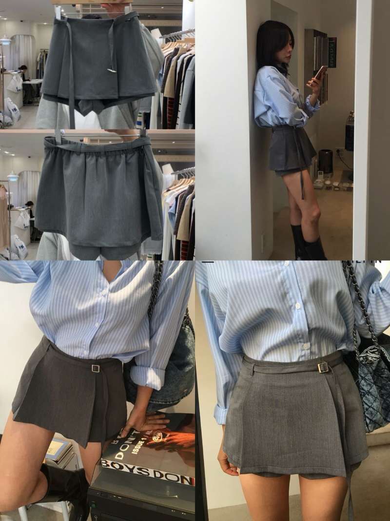 BM6063 個性幼金扣腰帶壓褶短裙褲