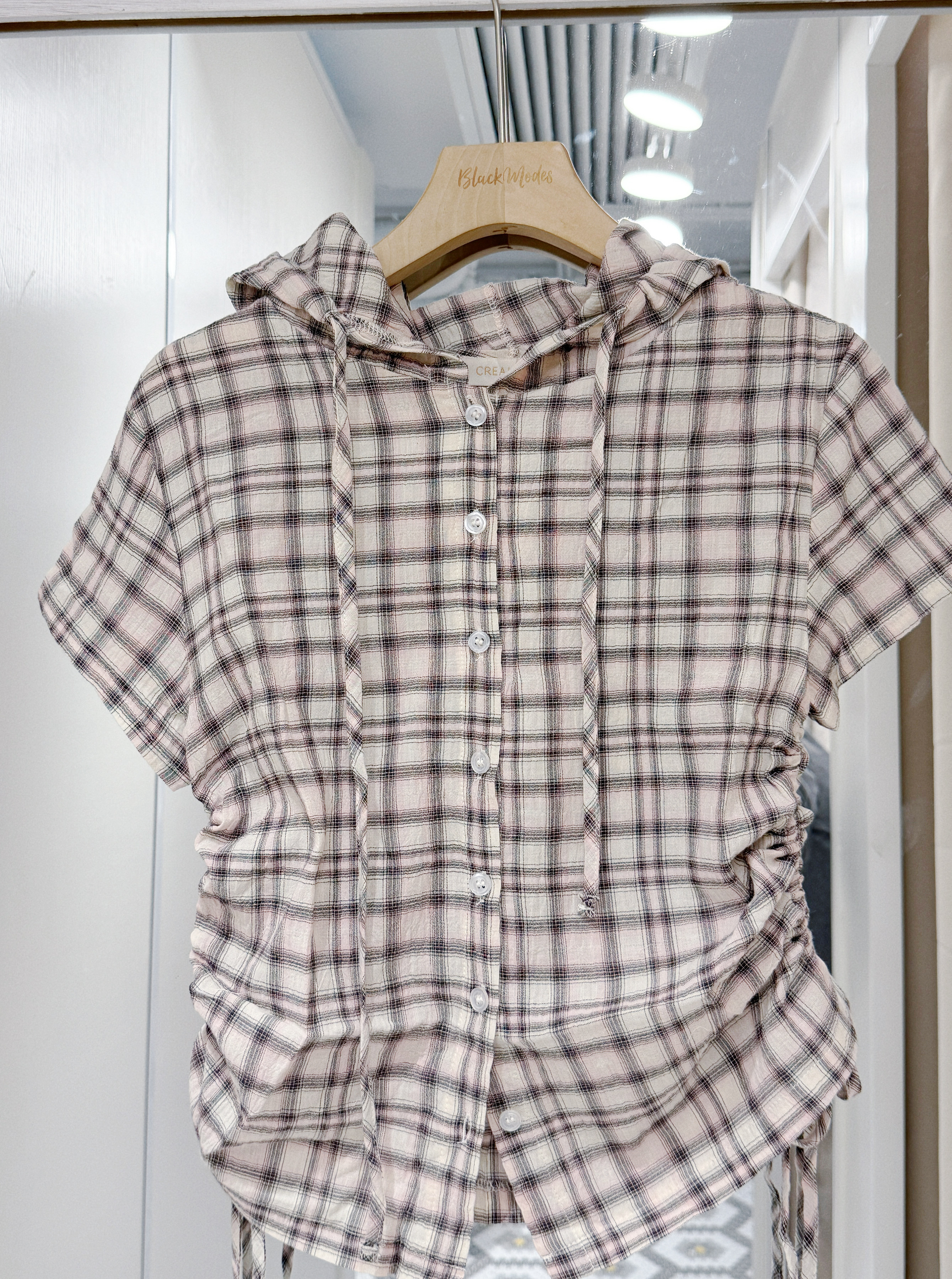 T1402｜韓風麻棉料格紋束腰連帽上衣外套 🛸༄˖°.