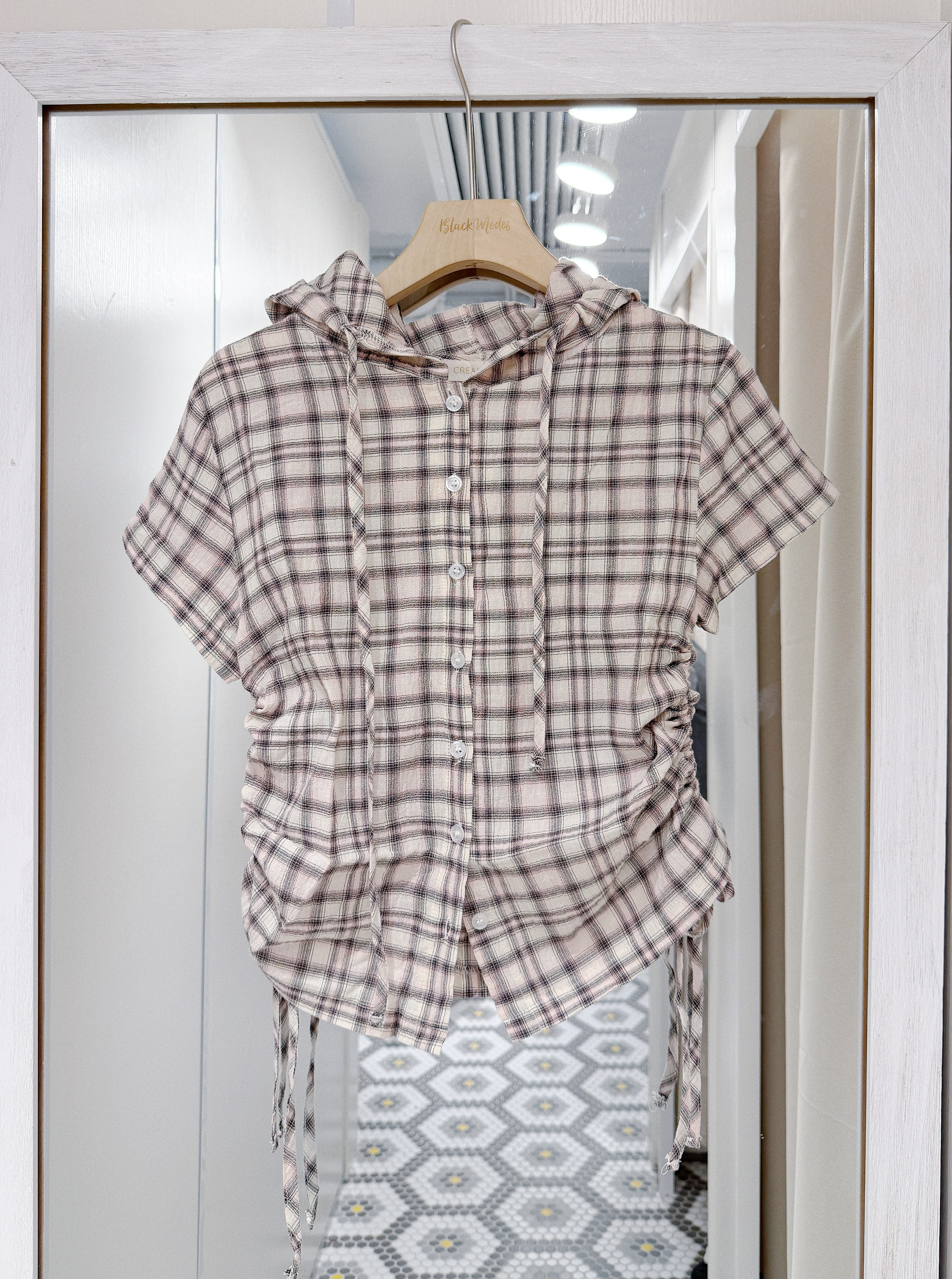 T1402｜韓風麻棉料格紋束腰連帽上衣外套 🛸༄˖°.