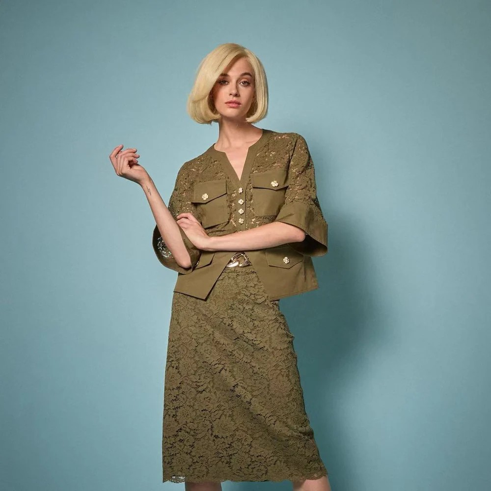 1EA0408-201 [EDWARD ACHOUR] Chain-Detail Floral Lace Midi Skirt Kaki #101106/1043 (EU)