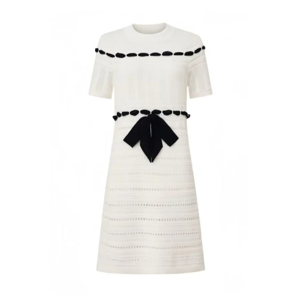 1EA0408-204 [EDWARD ACHOUR] Bow-Detail Pointelle Knit Dress White #101506/1095 (EU)