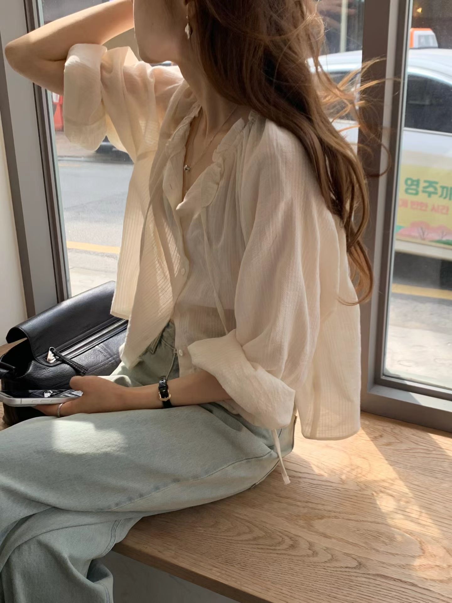 木耳邊領口條紋壓紋氣質襯衫