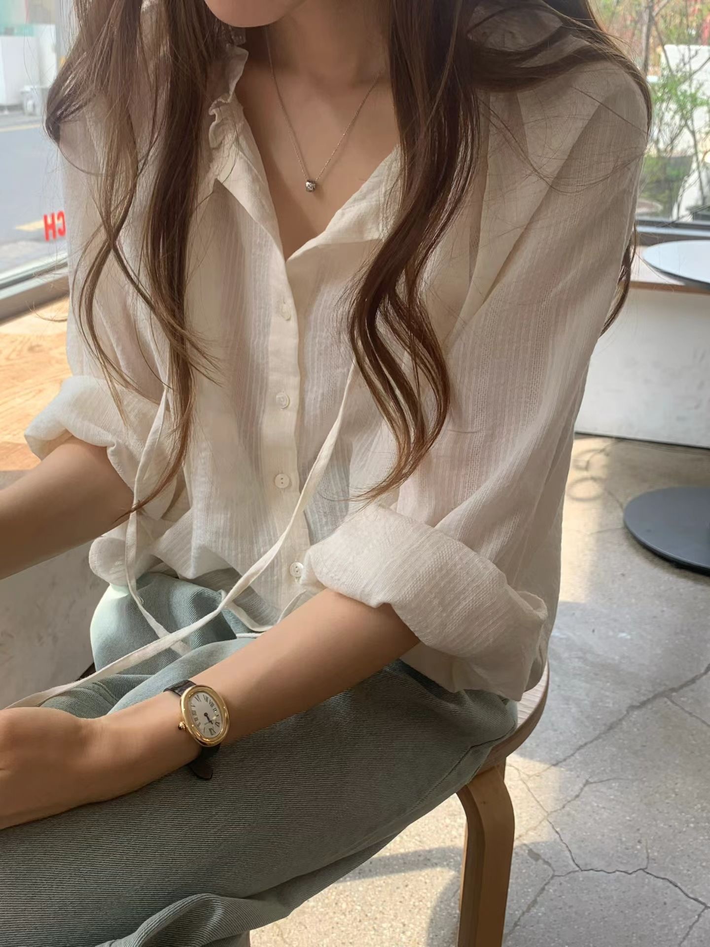 木耳邊領口條紋壓紋氣質襯衫