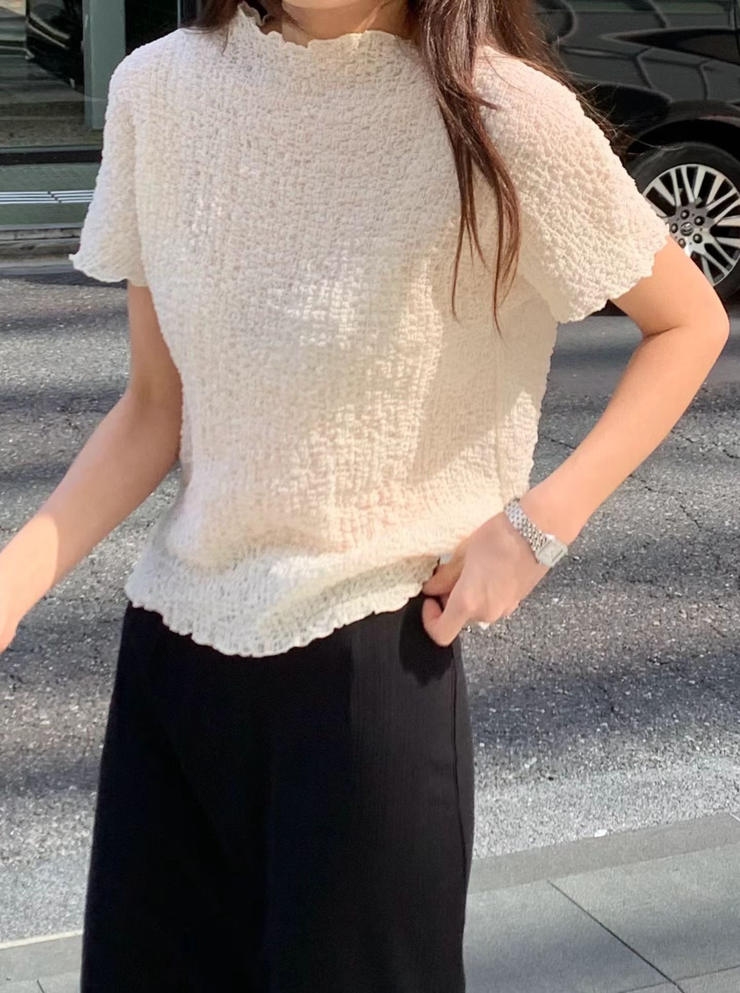 小立領氣質皺摺短袖上衣