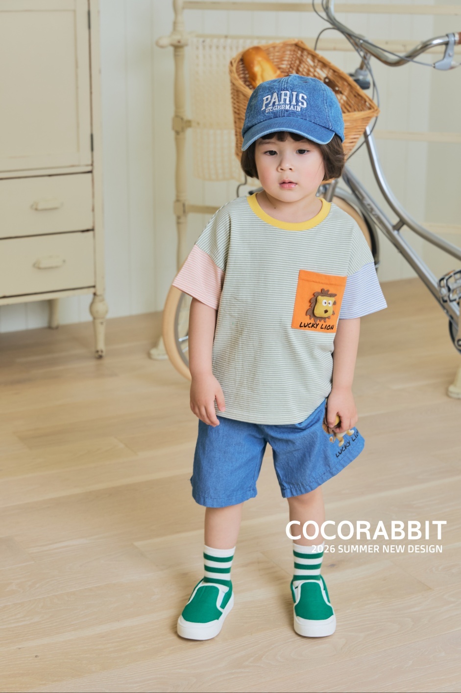正韓夏Cocorabbit  兩色條紋幸運獅上衣