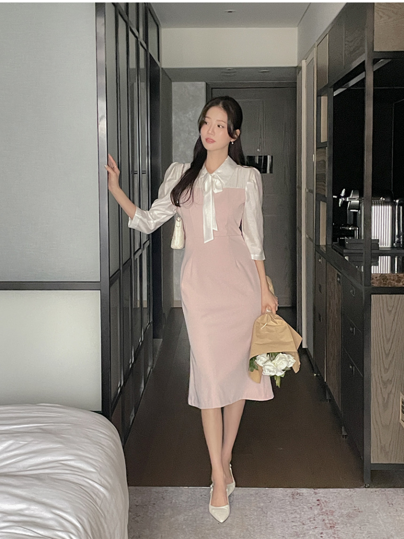 Dream 拼接絲緞蝴蝶結洋裝 [ 2色 / S,M]