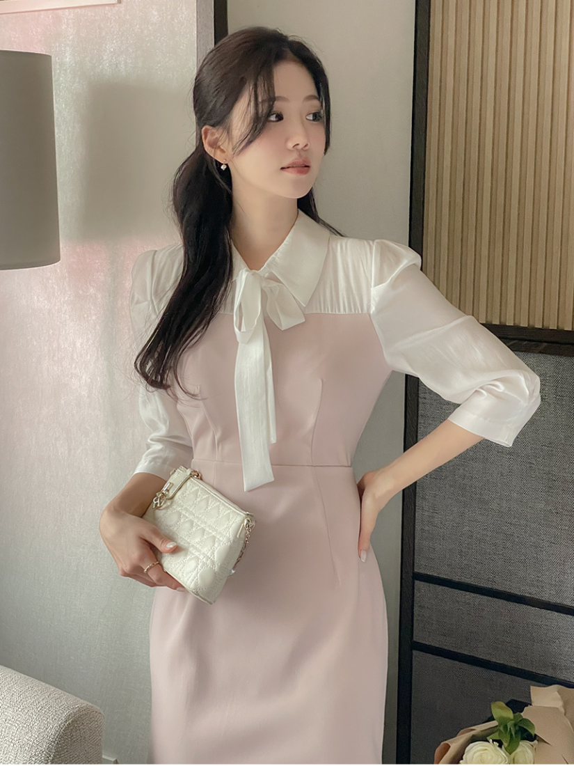 Dream 拼接絲緞蝴蝶結洋裝 [ 2色 / S,M]