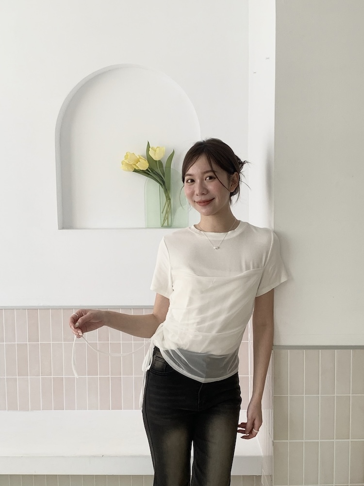 超美蕾絲側抓皺上衣