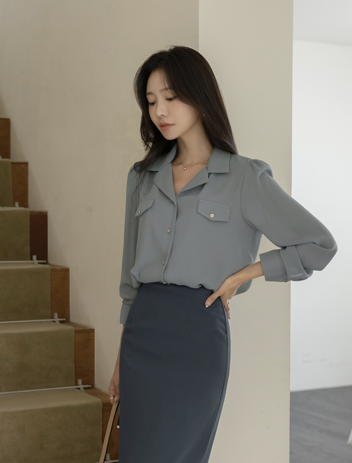 Bertha 都會金釦翻領襯衫 [ 4色 / Free ]