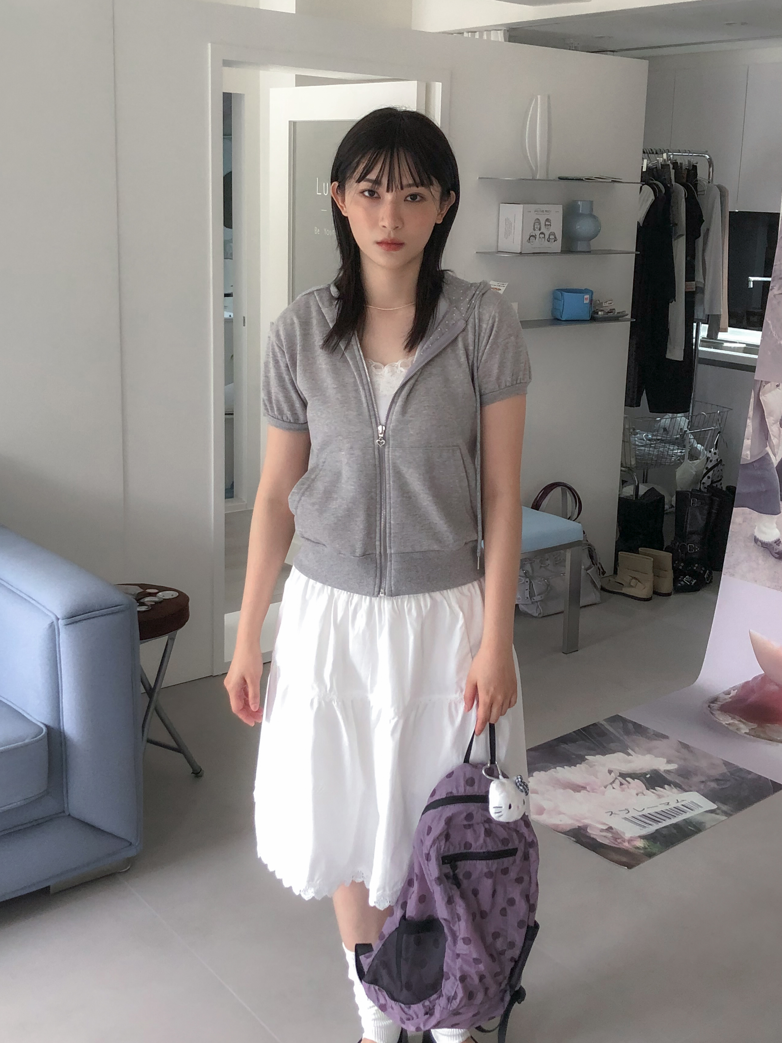 dot contrast short sleeve zip-up #上衣