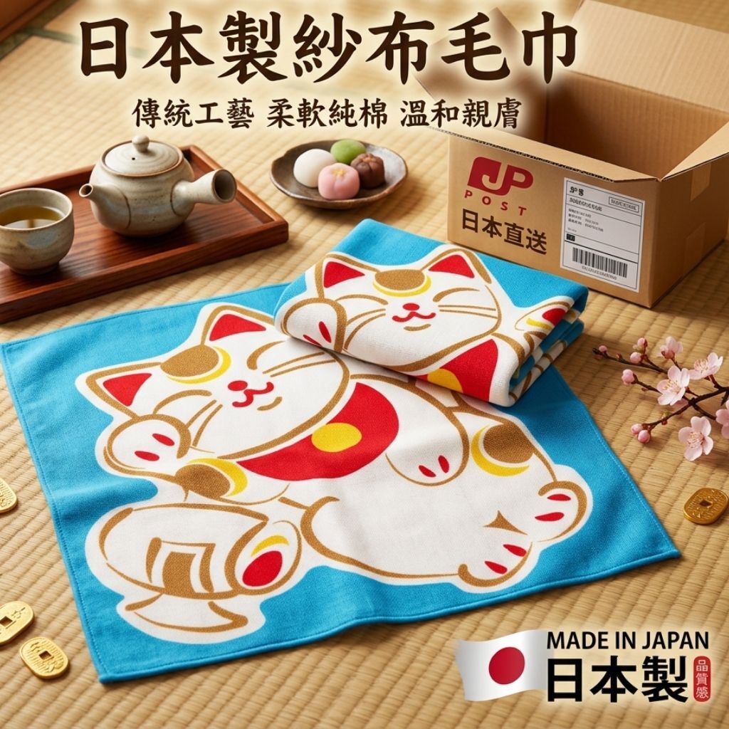 招財貓毛巾手帕-藍色(日本直送)