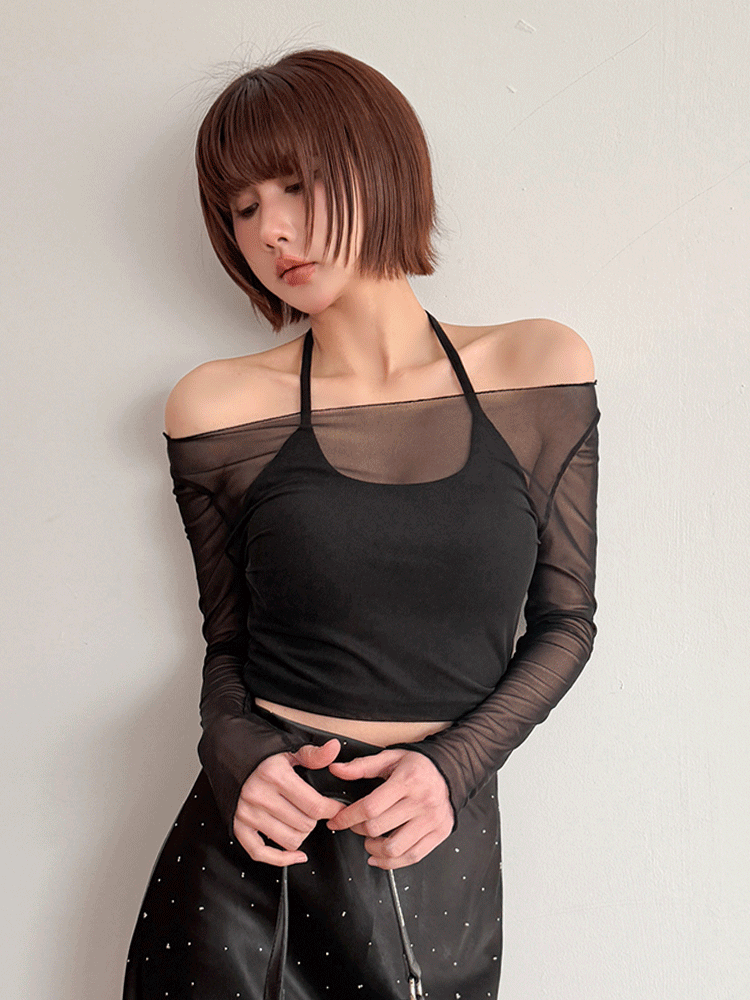 BB一字領透紗bratop (2色，有胸墊)