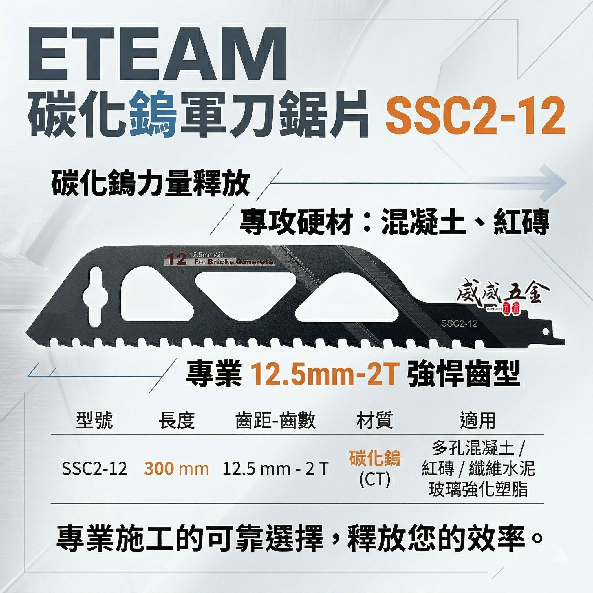 ETEAM 一等｜長300mm 碳化鎢軍刀鋸片｜混凝土紅磚 纖維水泥玻璃強化樹脂用切片｜SSC2-12