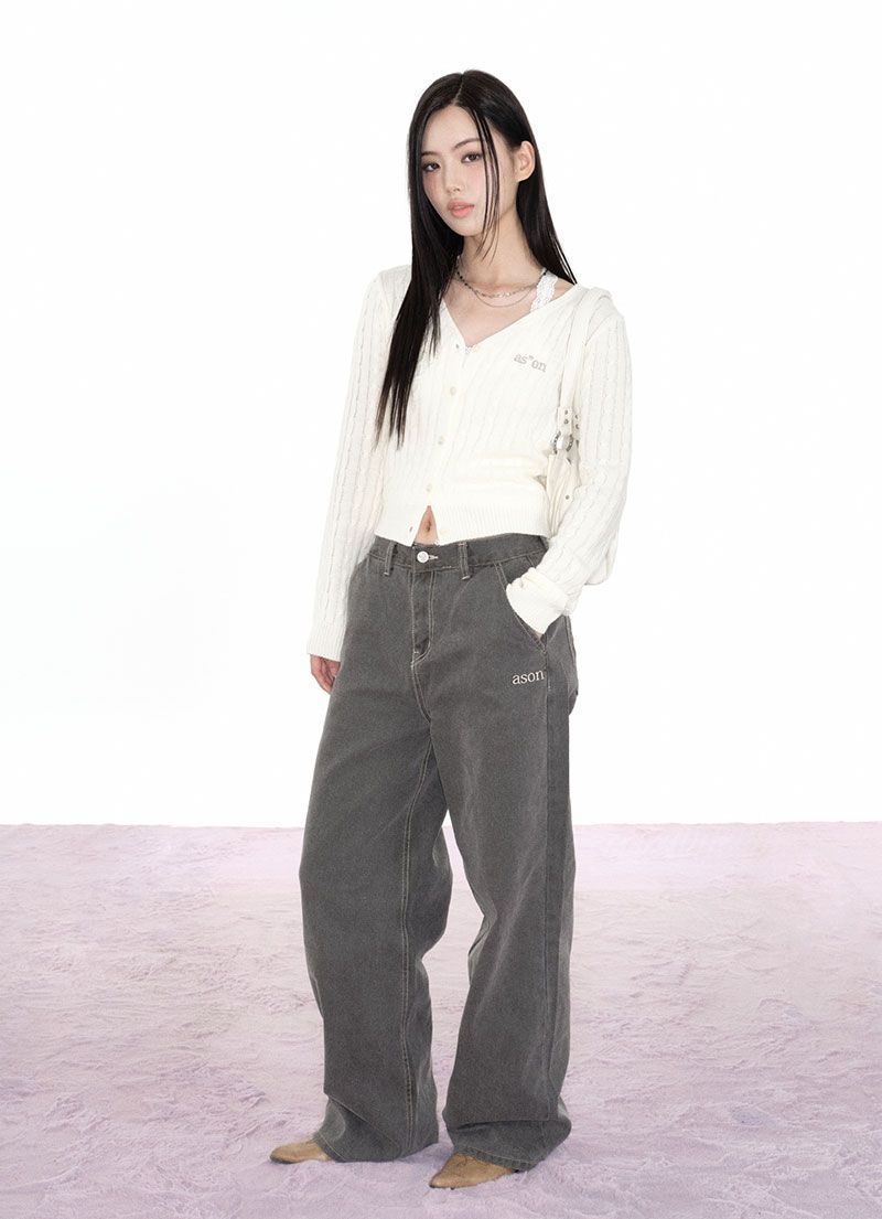 애즈온 復古水洗寬褲 灰色 AS_P0000BWX