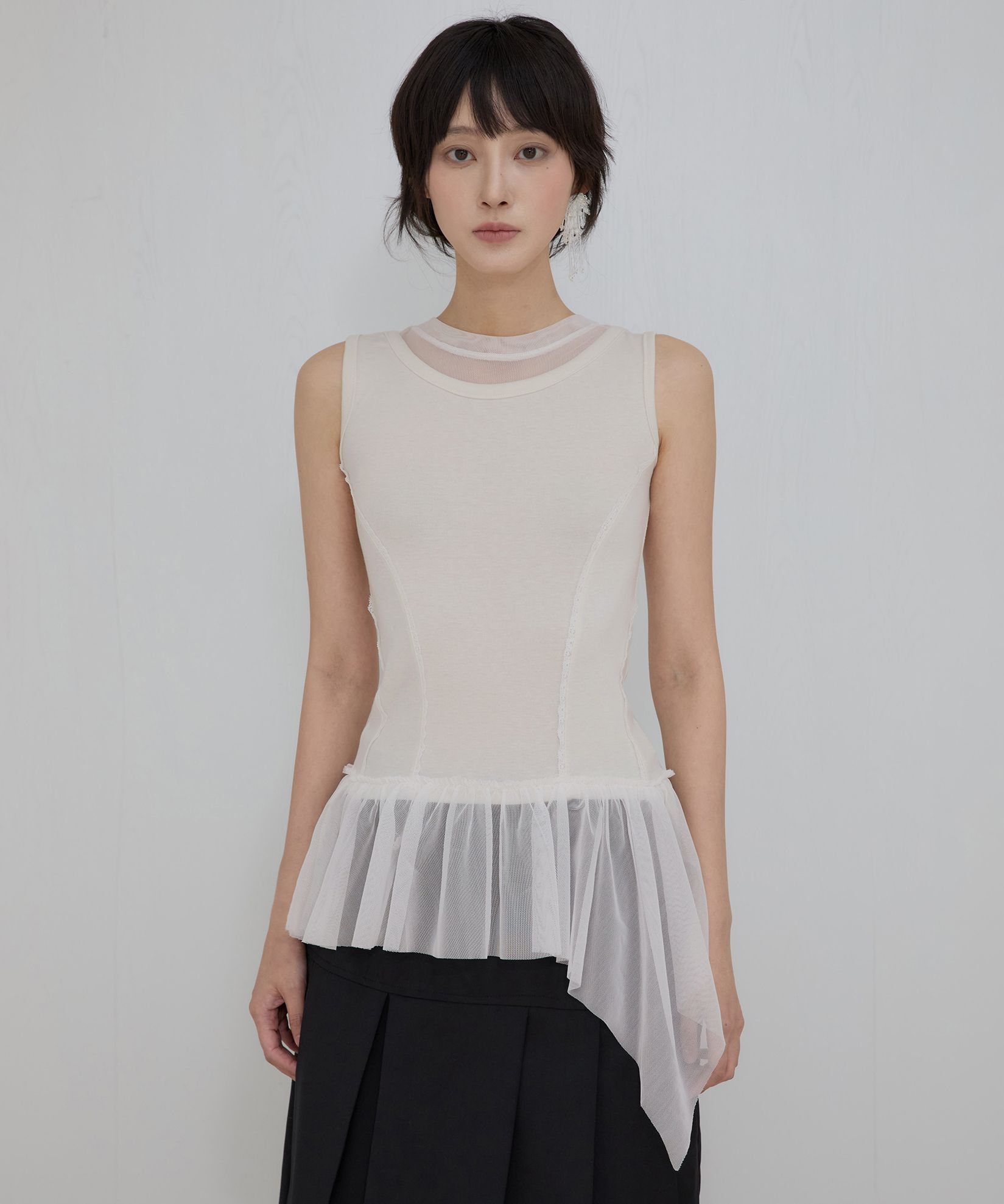 FLAREUP 蕾絲荷葉邊層次無袖上衣 FL-157_Cream